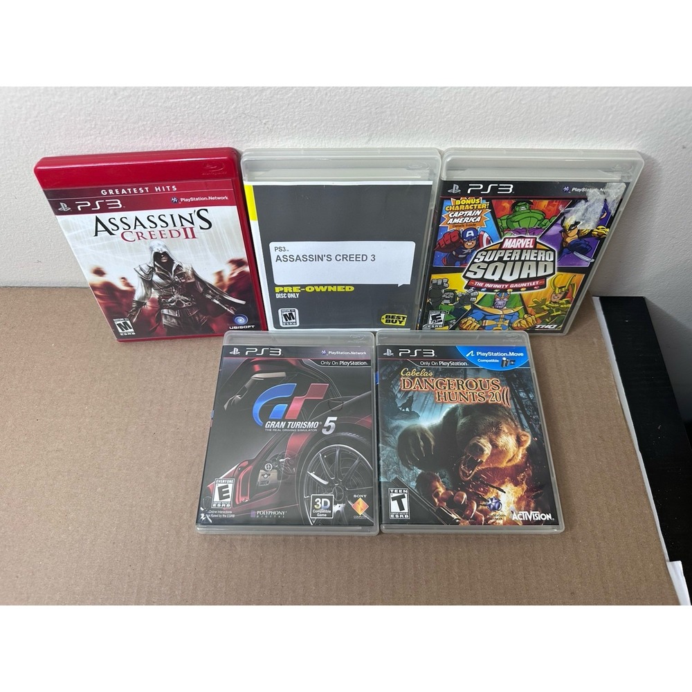 PS3 Games Lot of 5 Assassin’s Creed II III Gran Turismo 5 Cabela’s Marvel Squad